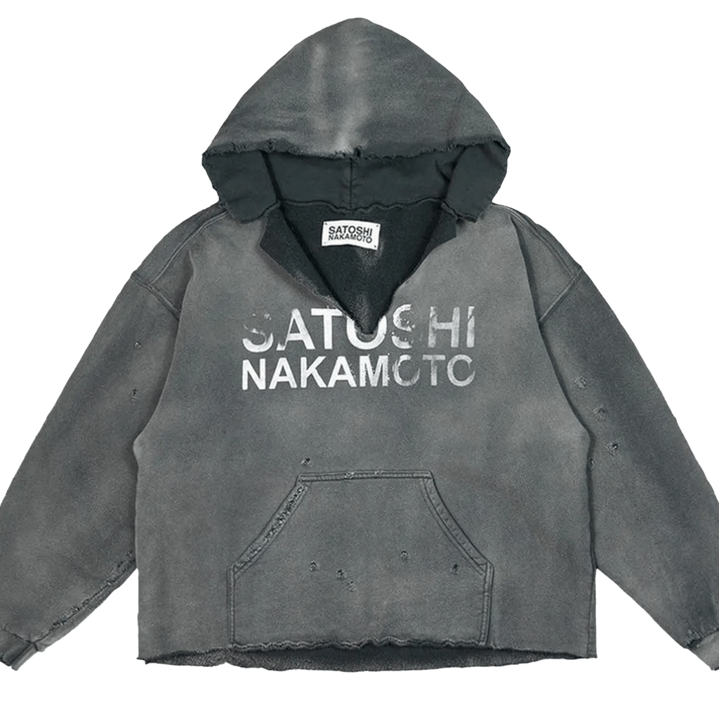 SATOSHI NAKAMOTO Distressed V Cut Hooded Sweatshirt 