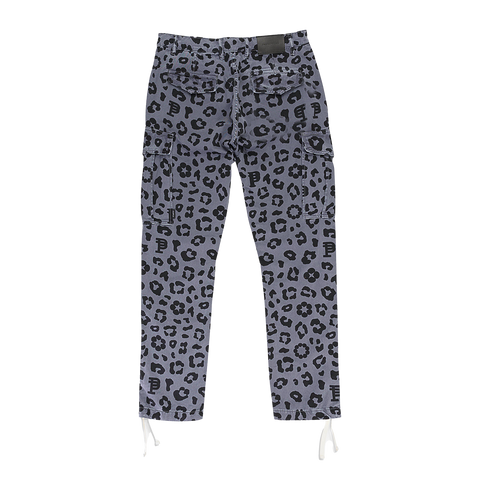 Satoshi Rhinestones PURPLE BRAND BLACK MONOGRAM LEOPARD PRINT CARGO PANT